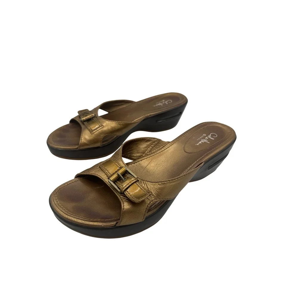 Cole Haan Slide Sandals‎ Women 10B Bronze Good G Series Metallic Wedge Buckle